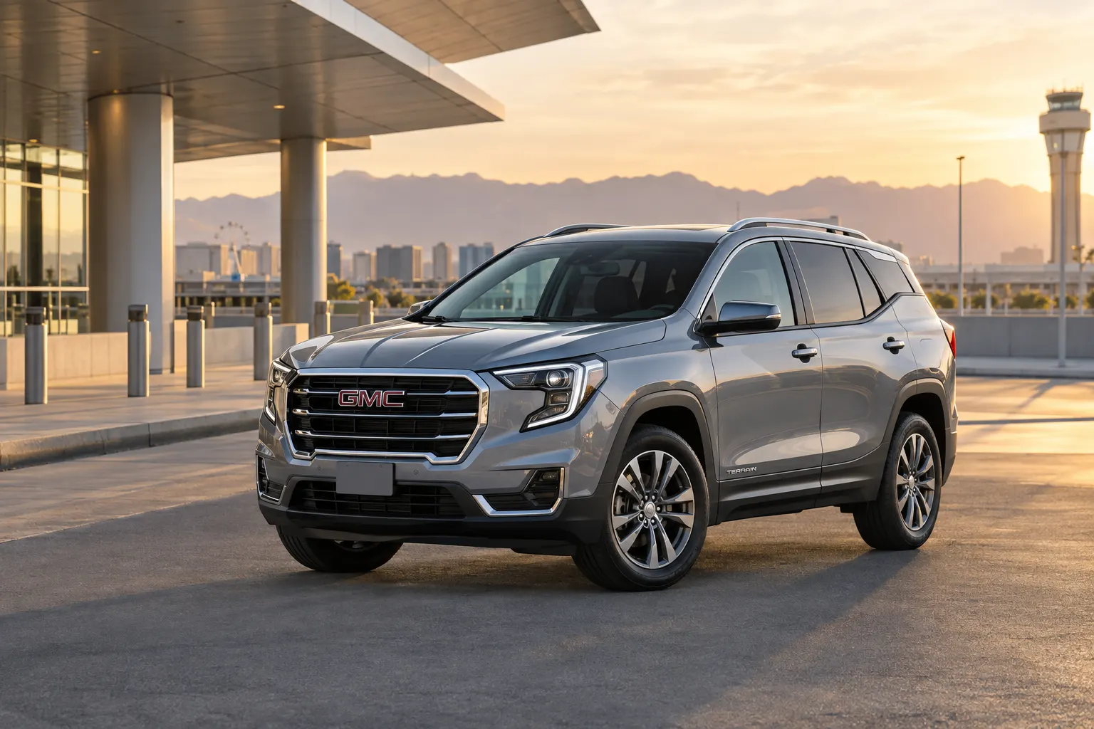 Gray 2026–2027 GMC Terrain Standard SUV at an airport terminal at golden hour with the Las Vegas skyline, mountains, and control tower behind