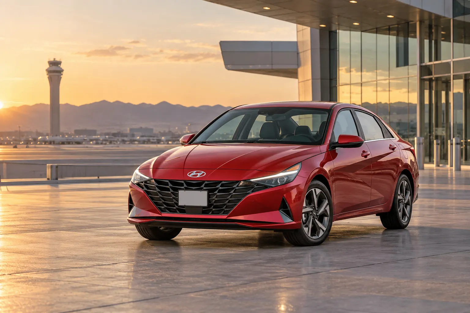 Red 2026–2027 Hyundai Elantra Intermediate Sedan at an airport terminal at golden hour