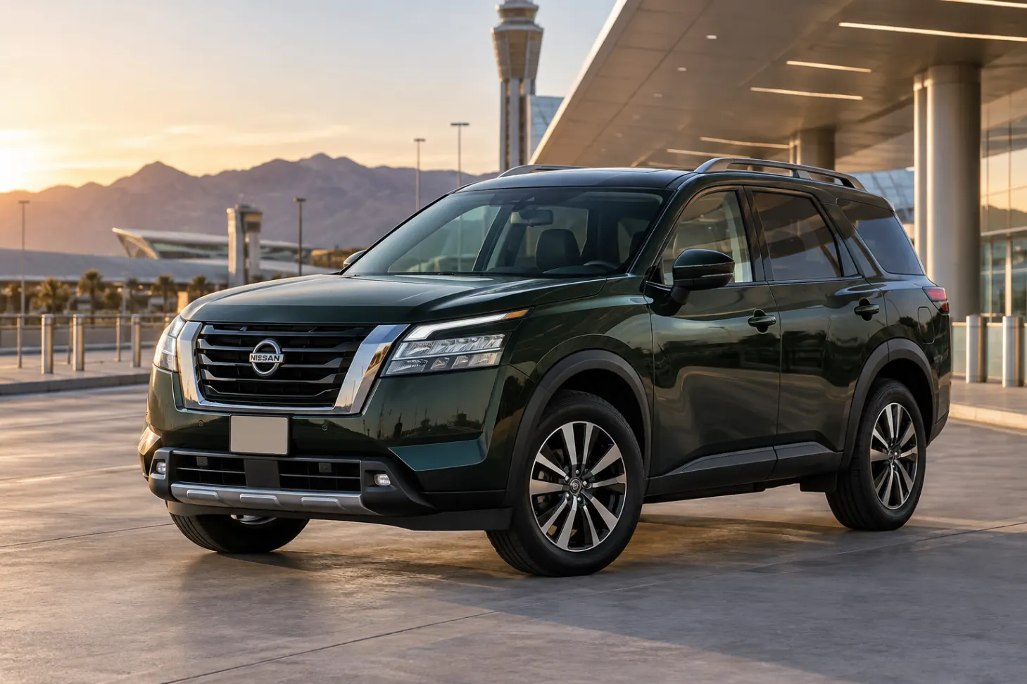 Dark green 2026–2027 Nissan Pathfinder Midsize SUV at an airport terminal