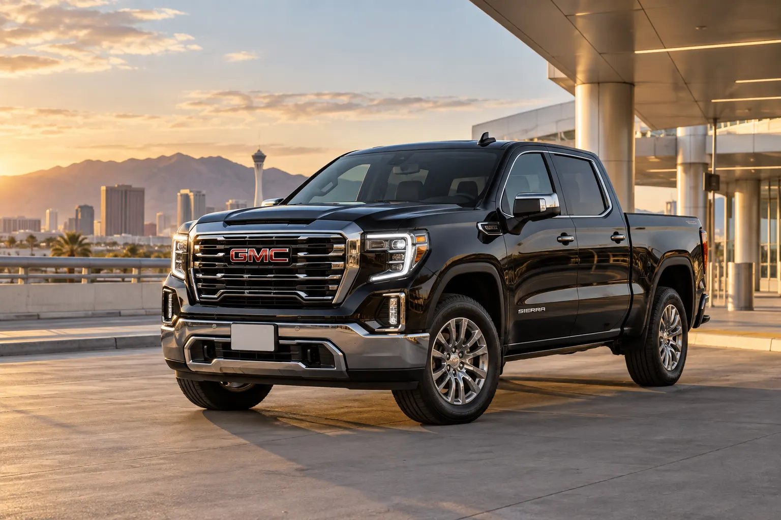 Black 2026–2027 GMC Sierra 1500 Large Pick Up Truck at an airport rental center at golden hour with the Las Vegas skyline and mountains behind