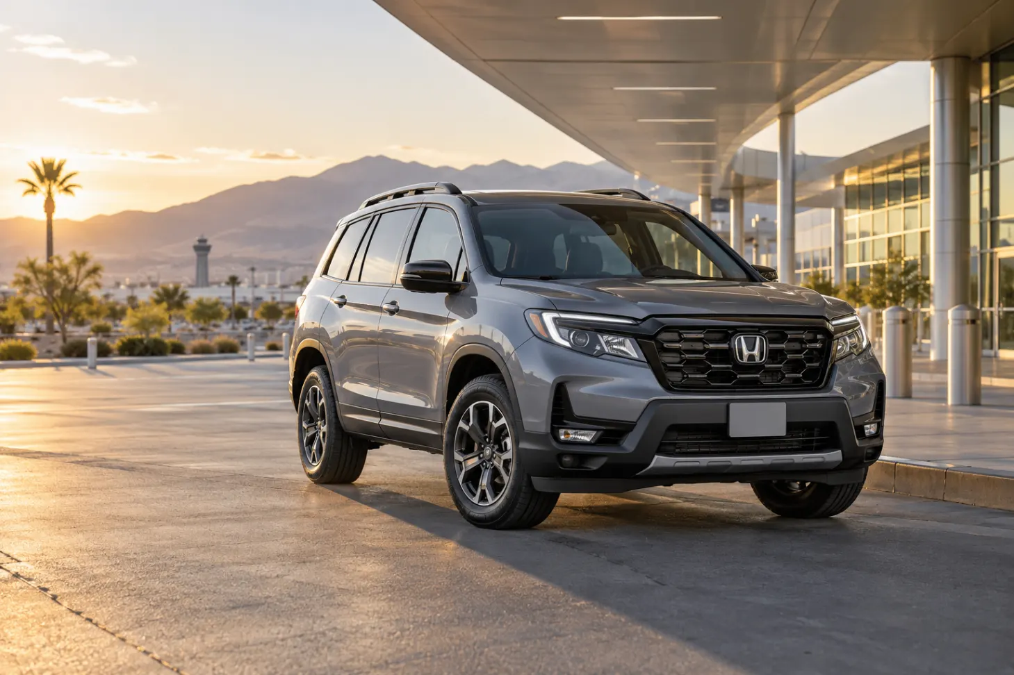 Gray 2026–2027 Honda Passport Midsize SUV at an airport terminal at golden hour