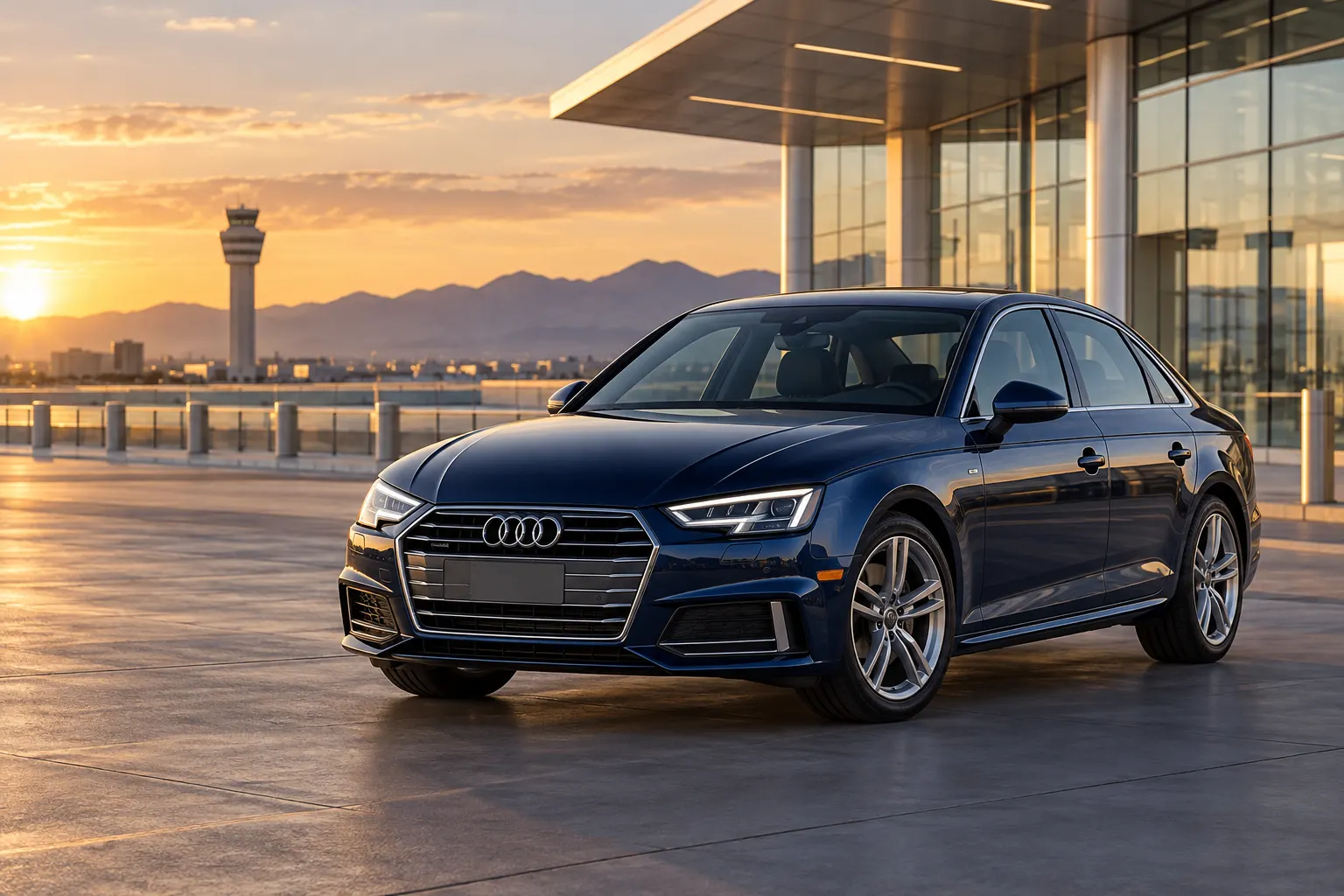 Navy 2026–2027 Audi A4 Luxury Sedan at an airport terminal at golden hour