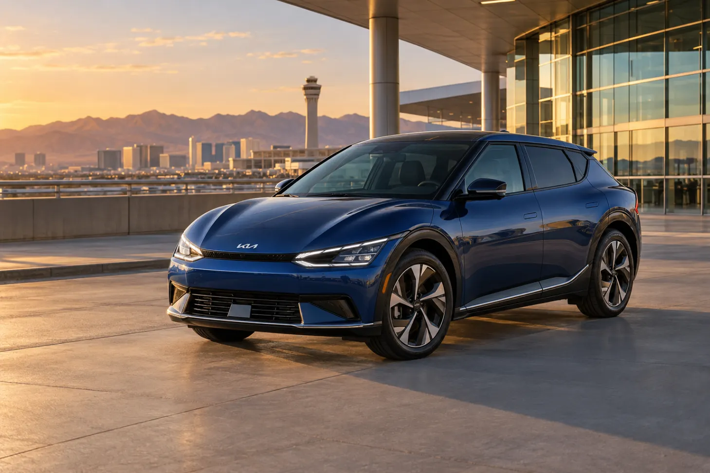 Blue 2026–2027 Kia EV6 Electric Sport Crossover at an airport terminal at golden hour