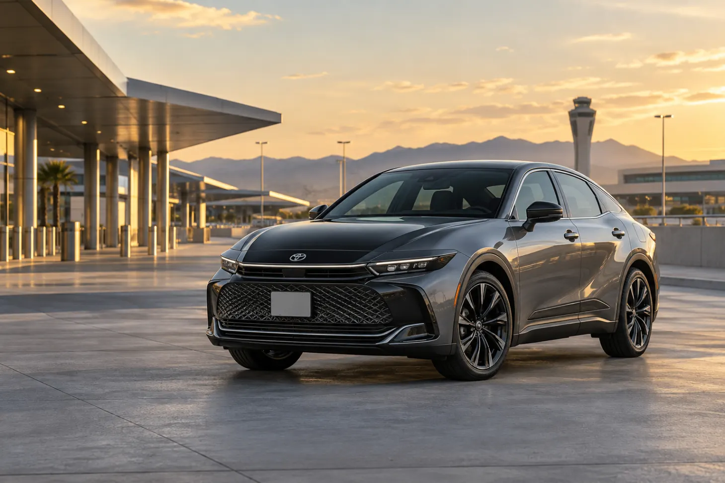 Dark gray 2026–2027 Toyota Crown Midsize Sedan at an airport terminal at golden hour with the control tower and mountains behind