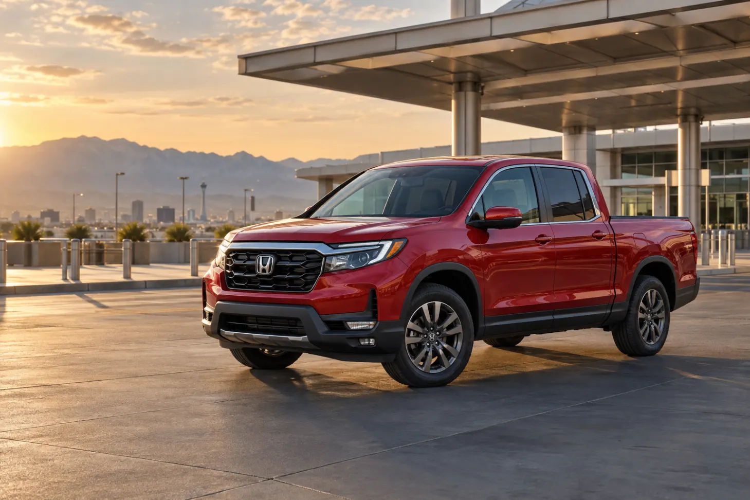 Red 2026–2027 Honda Ridgeline Midsize Pickup at an airport terminal at golden hour