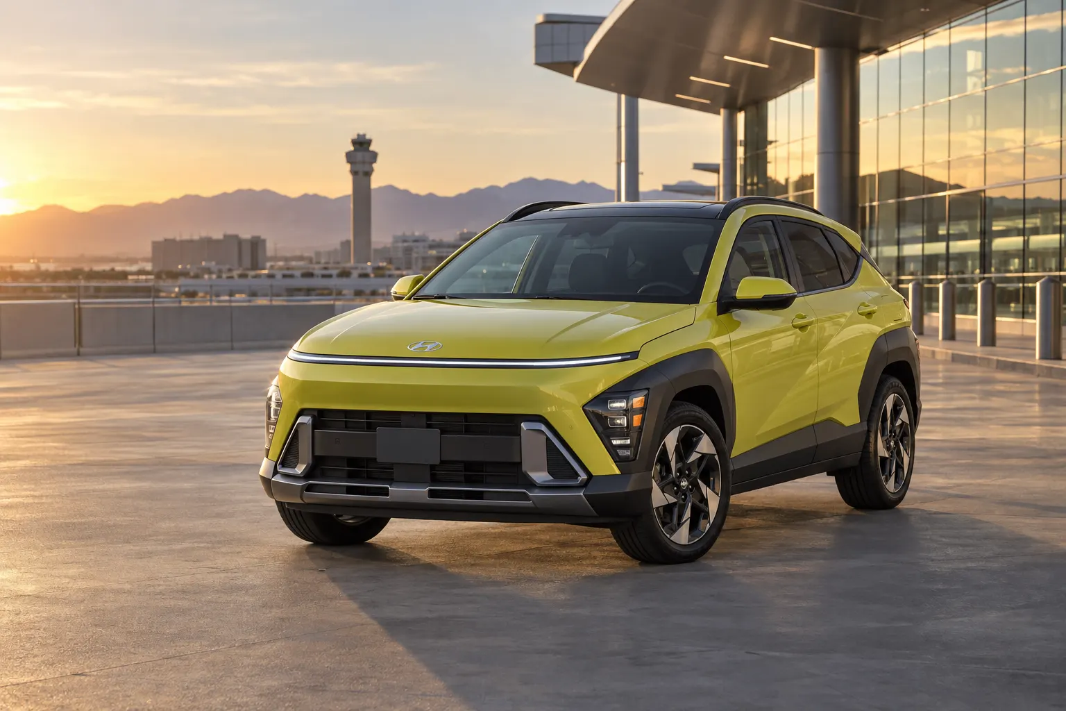 Yellow 2026–2027 Hyundai Kona Subcompact SUV at an airport terminal at golden hour