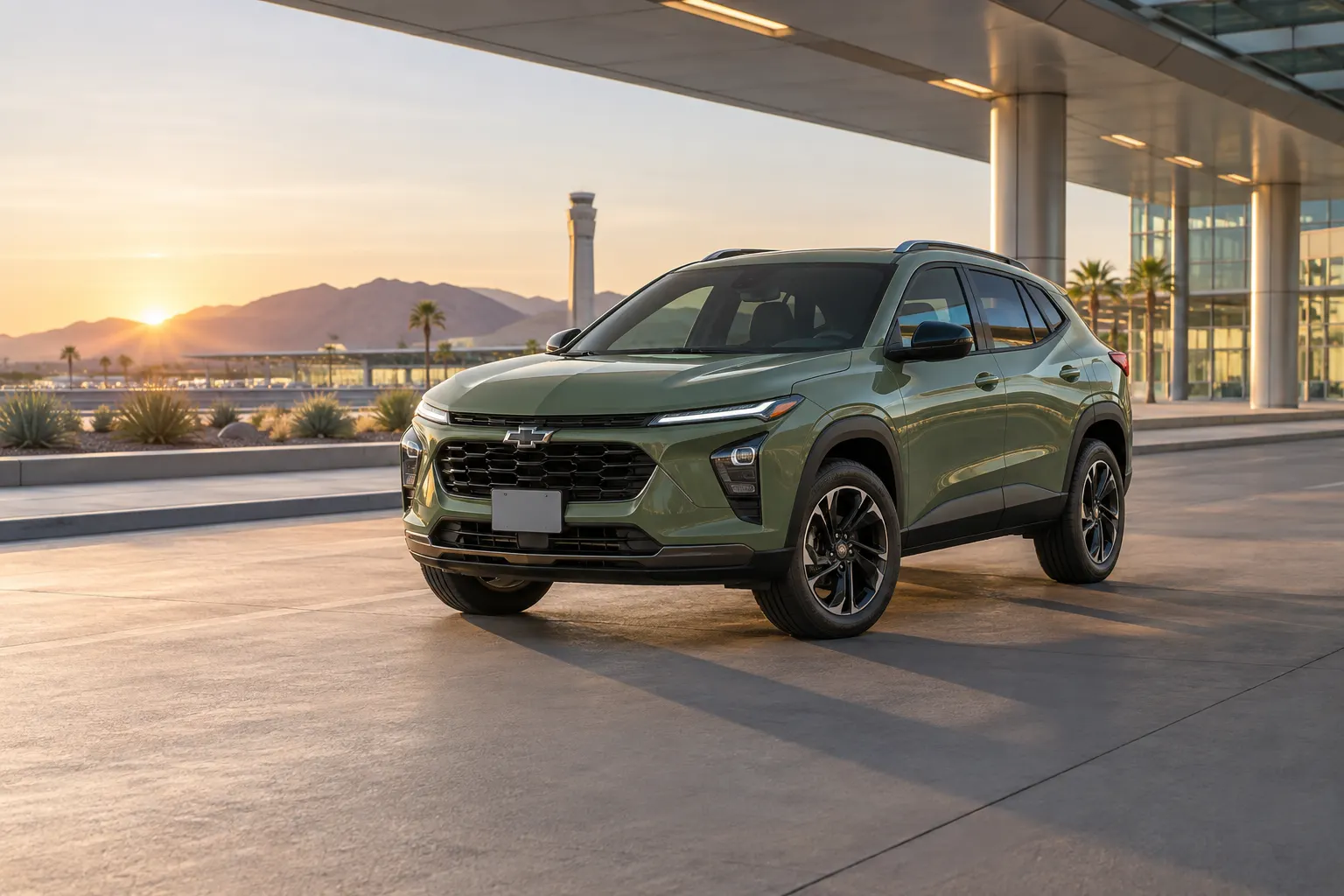 Green 2026–2027 Chevrolet Trax Compact SUV at an airport rental center at golden hour