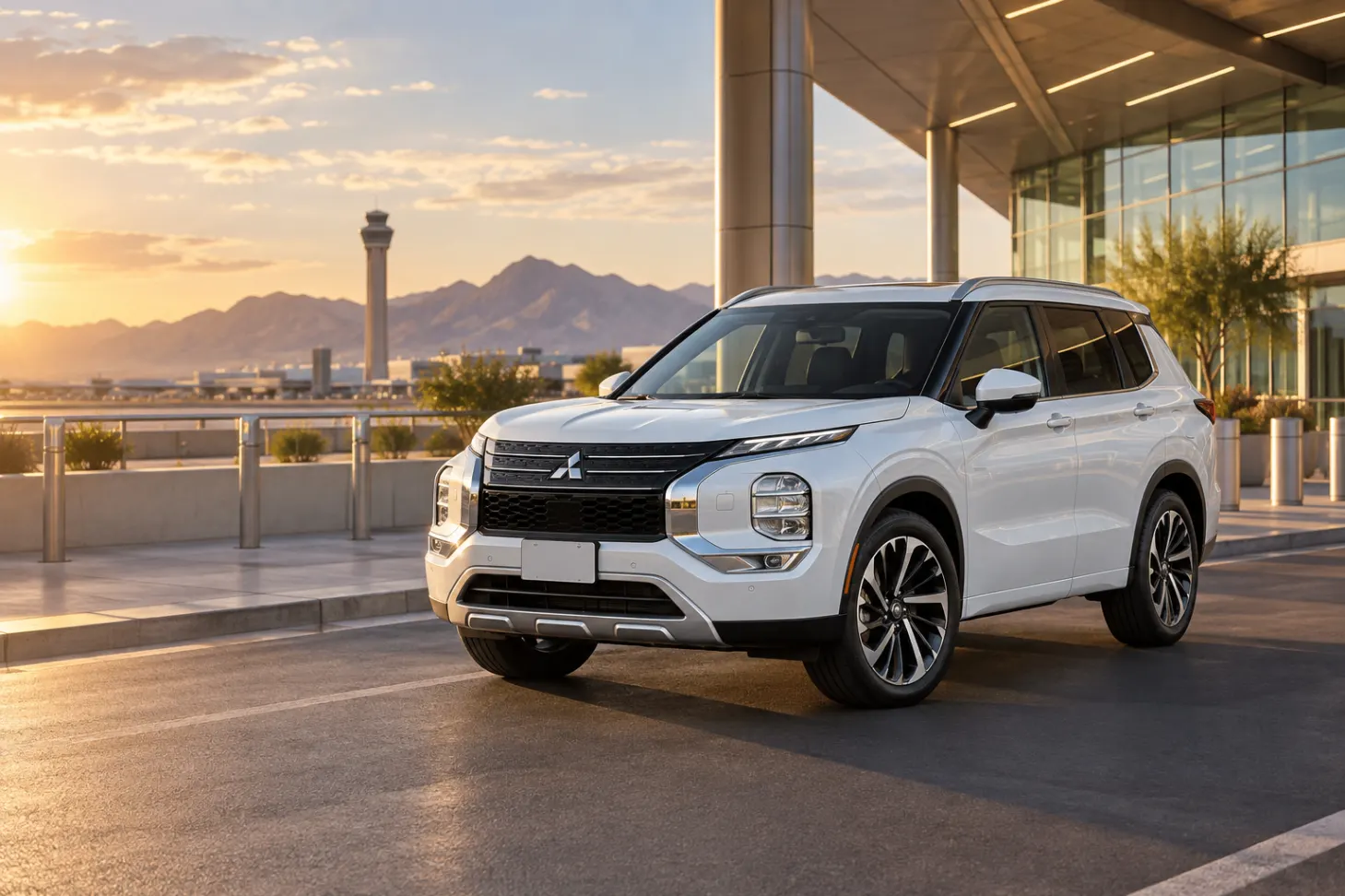White 2026–2027 Mitsubishi Outlander Standard SUV at an airport terminal at golden hour