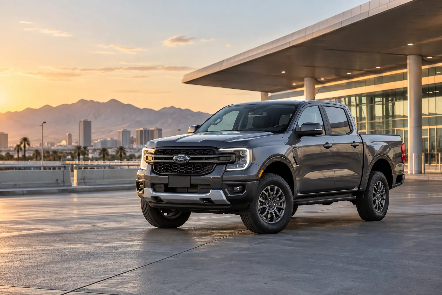 Dark gray 2026–2027 Ford Ranger Large Pick Up Truck outside an airport terminal at sunset