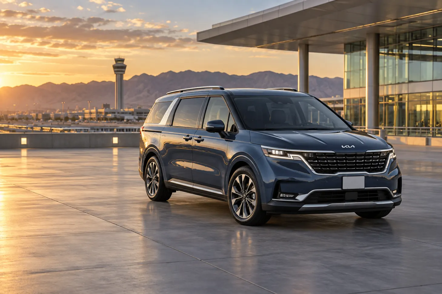 Blue 2026–2027 Kia Carnival Minivan at an airport terminal at golden hour