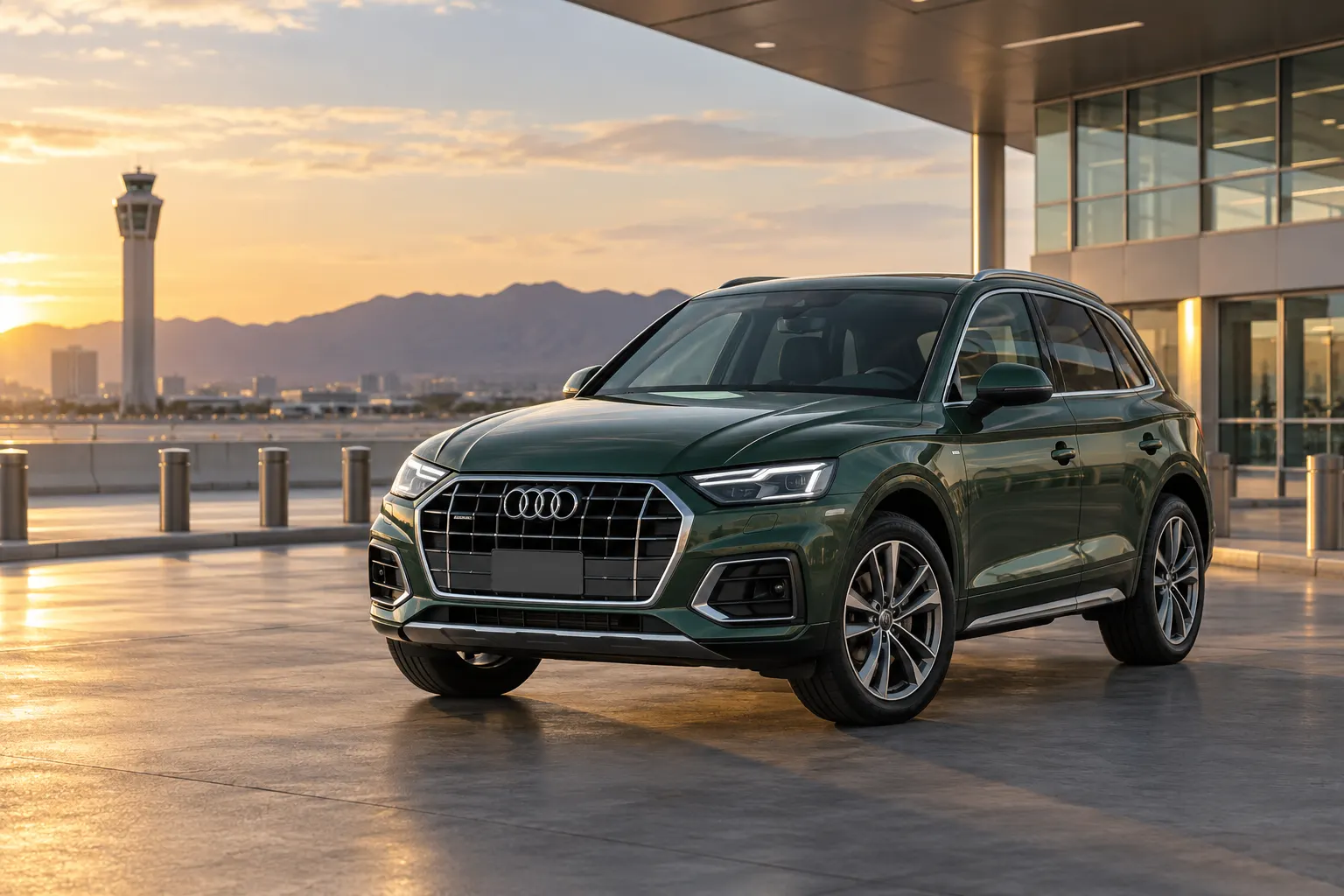 Green 2026–2027 Audi Q5 Luxury SUV at an airport terminal at golden hour
