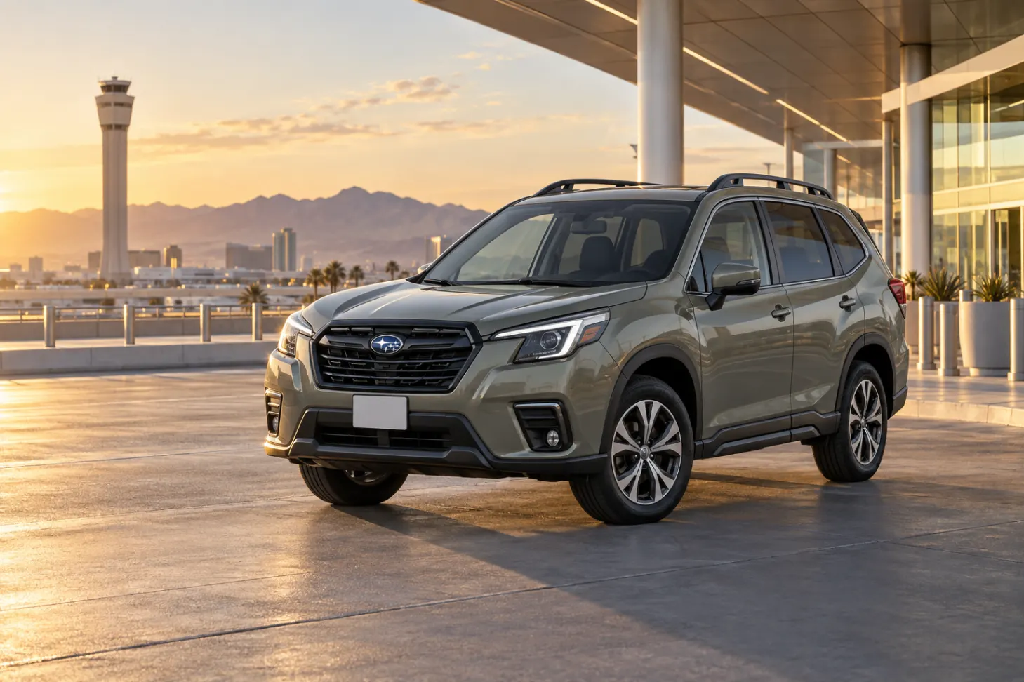 Gray 2026–2027 Subaru Forester Compact SUV at an airport terminal at golden hour