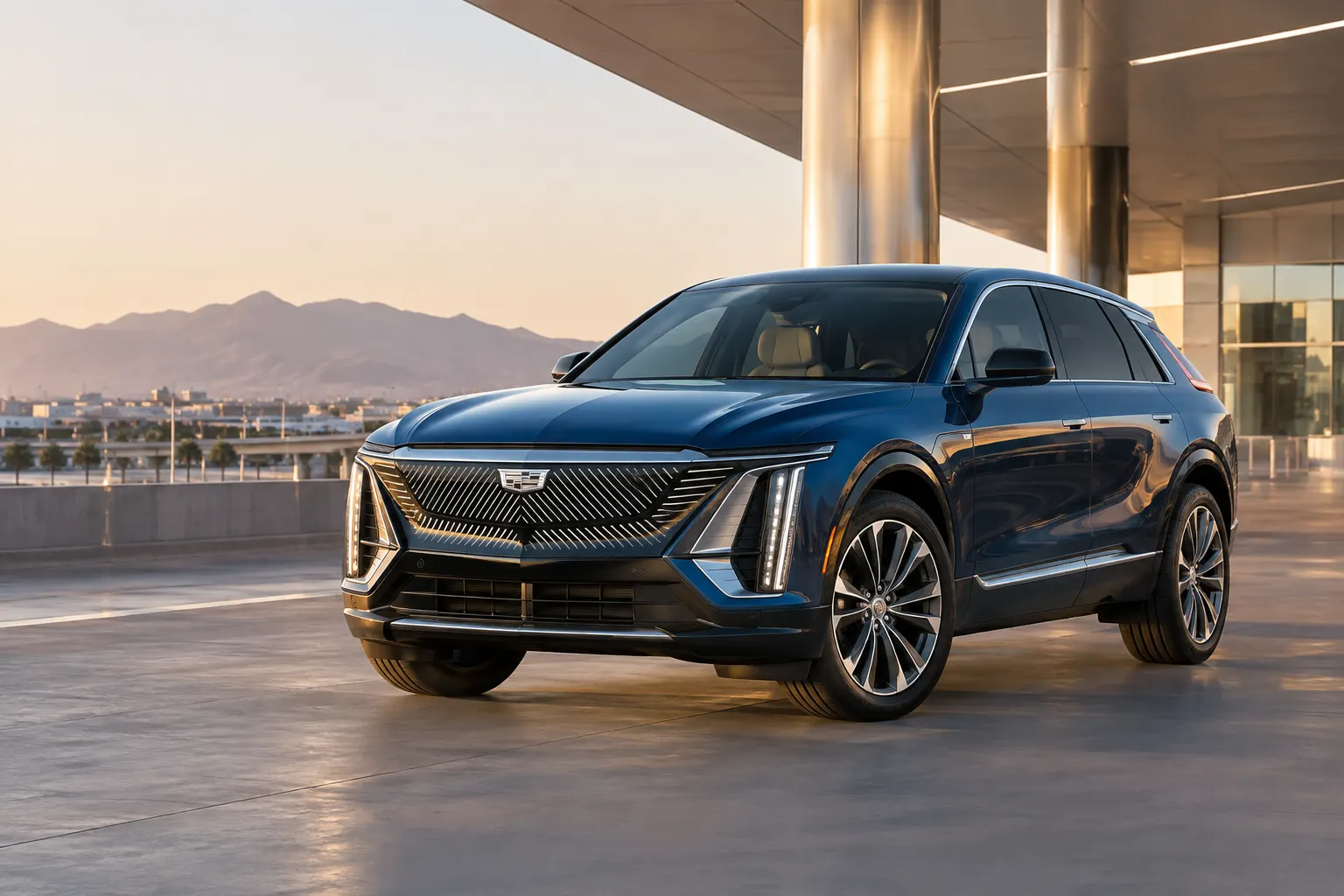 Blue 2026–2027 Cadillac Lyriq electric luxury SUV at an airport terminal at golden hour with mountains and the city behind