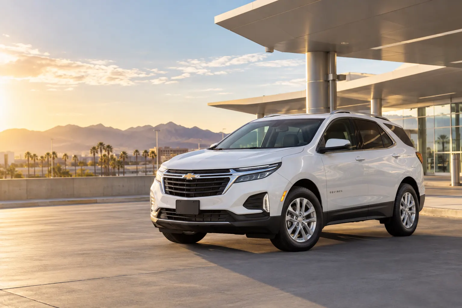 White 2026–2027 Chevrolet Equinox Standard SUV at an airport rental center at golden hour