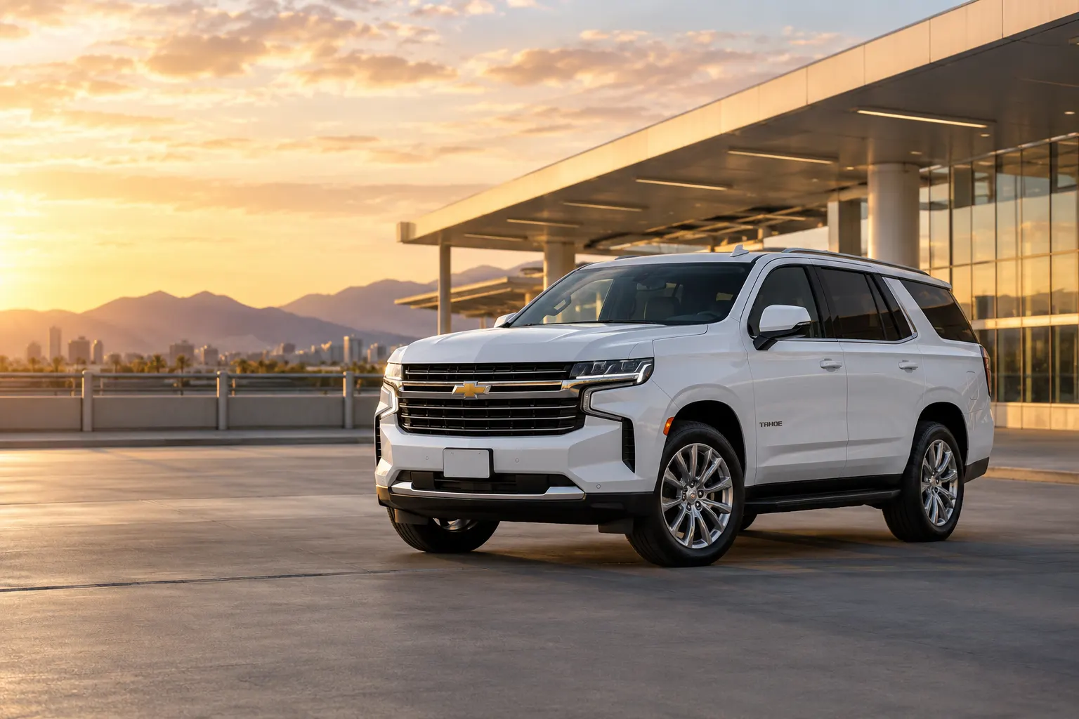 White 2026–2027 Chevrolet Tahoe Full Size SUV at an airport rental center at golden hour