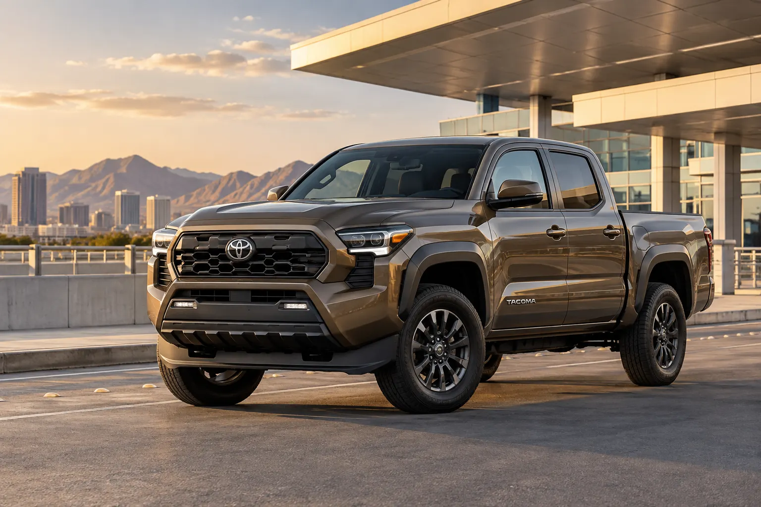 Bronze 2026–2027 Toyota Tacoma Midsize Pickup at an airport parking deck at golden hour with the city skyline and mountains behind