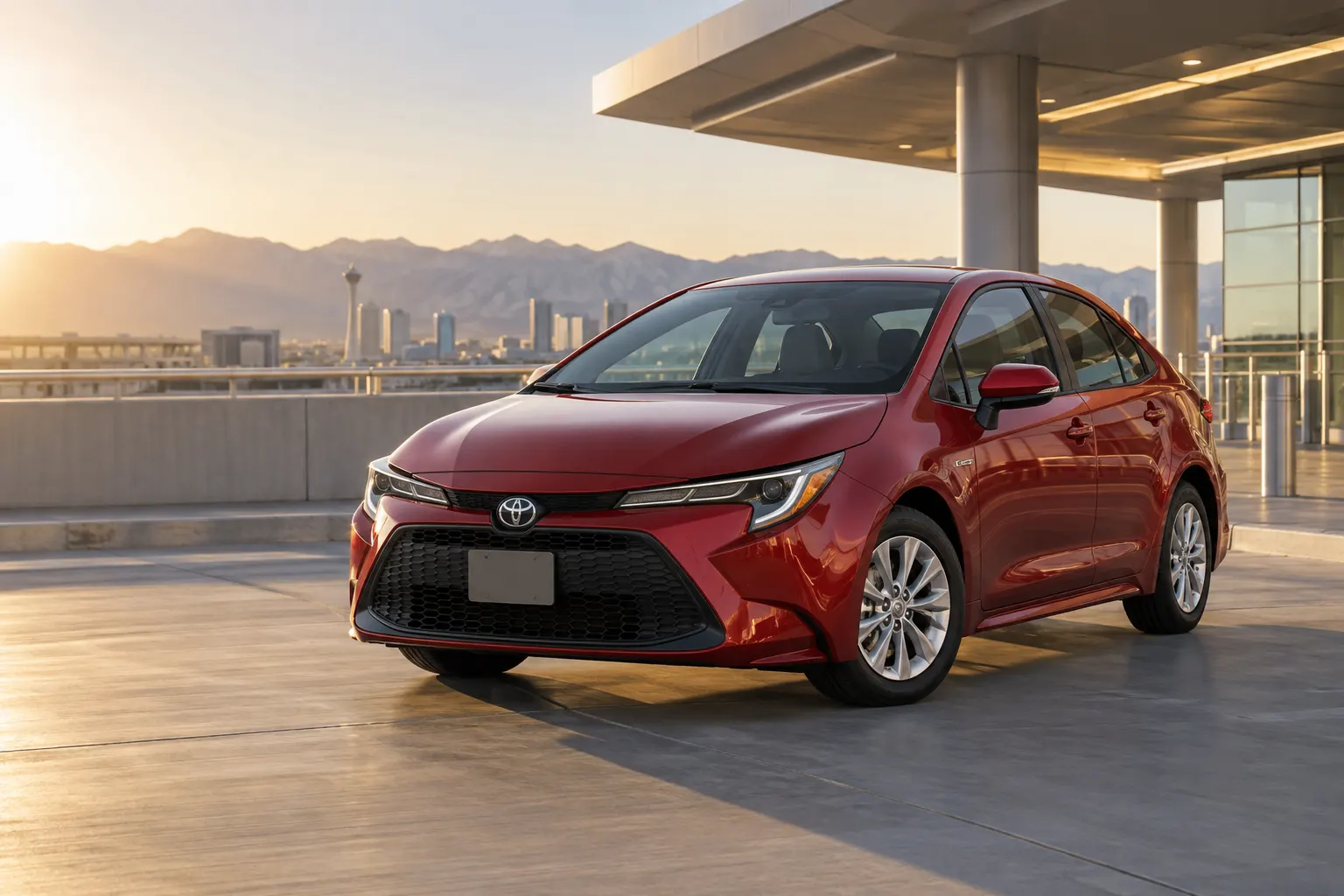 Red 2026–2027 Toyota Corolla Compact Sedan at an airport terminal at golden hour with the Las Vegas skyline behind