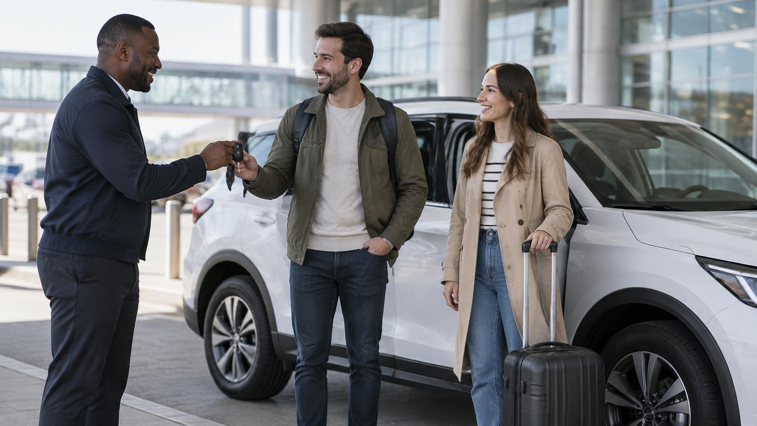 Happy travelers collecting their rental SUV at a modern airport